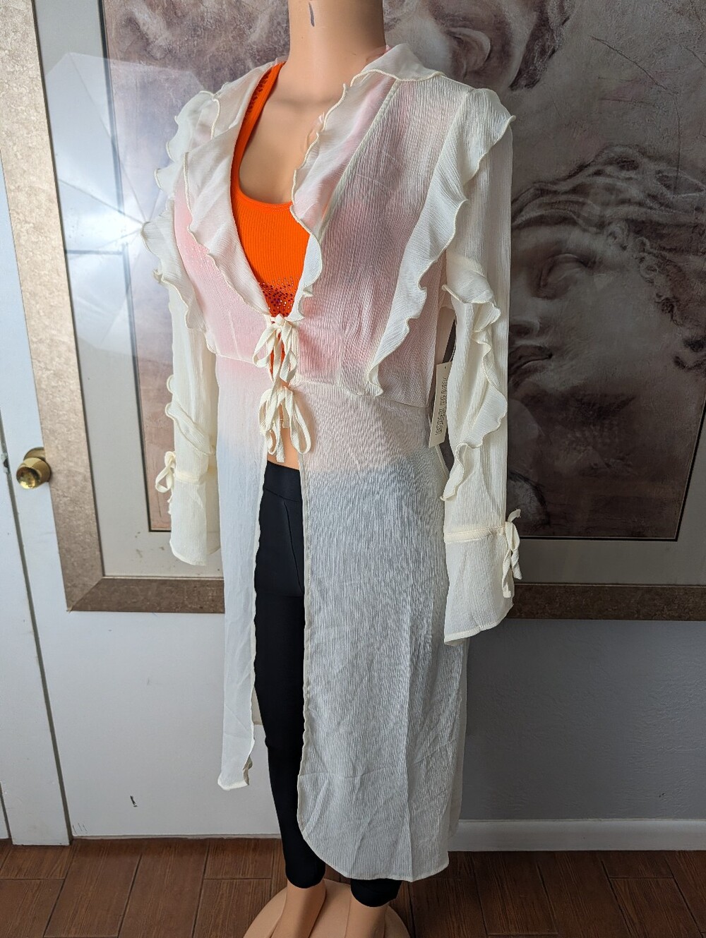 NWT Derek Heart Derek Heart sheer ruffle maxi cream chiffon duster Size S